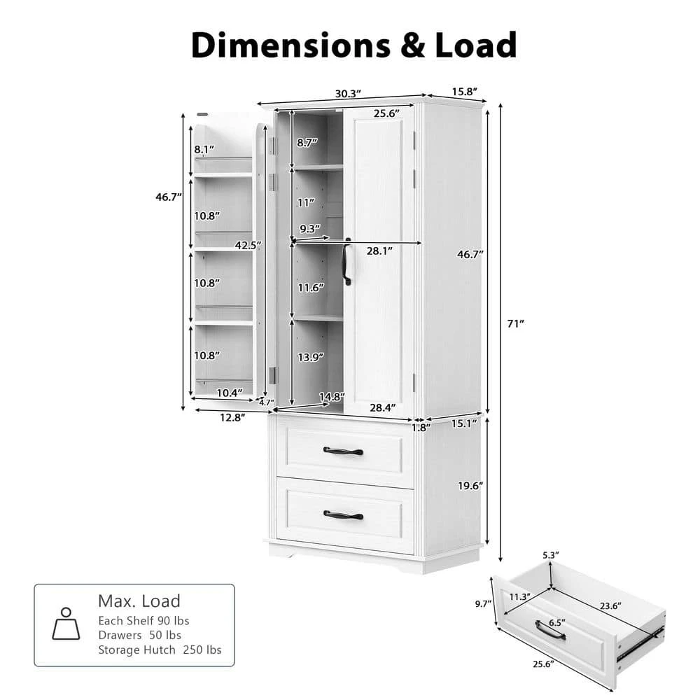 15.80 In. W X 30.30 In. D X 70.98 In. H White MDF Freestanding Linen Cabinet With 3-Shelves And 2-Drawers In White 3 15.80 In. W X 30.30 In. D X 70.98 In. H White MDF Freestanding Linen Cabinet With 3-Shelves And 2-Drawers In White - Image 3