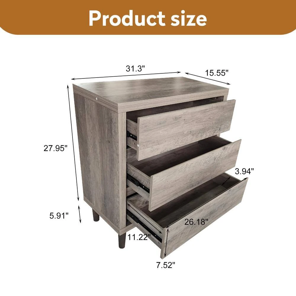 Grey Oak 3-Drawer Wooden Chest: Tall Farmhouse Nightstand And Storage Cabinet For Bedroom, Home Office-31.5 In. W 2 Grey Oak 3-Drawer Wooden Chest: Tall Farmhouse Nightstand And Storage Cabinet For Bedroom, Home Office-31.5 In. W - Image 2