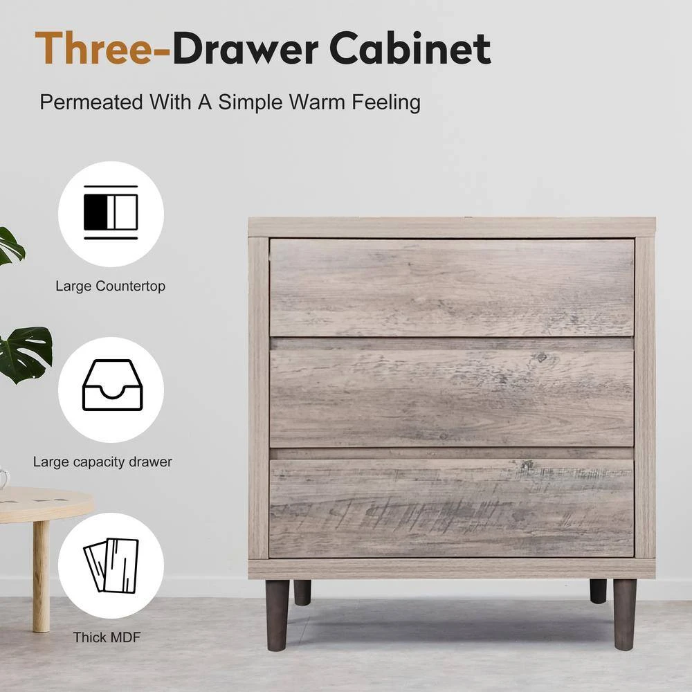 Grey Oak 3-Drawer Wooden Chest: Tall Farmhouse Nightstand And Storage Cabinet For Bedroom, Home Office-31.5 In. W 6 Grey Oak 3-Drawer Wooden Chest: Tall Farmhouse Nightstand And Storage Cabinet For Bedroom, Home Office-31.5 In. W - Image 6