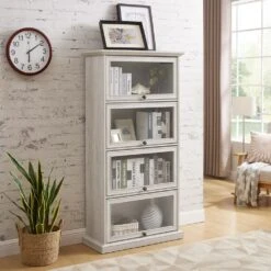 4-Tier White Glass Display Cabinet: Ideal For Living Room With Flip-up Glass Doors 9 4-Tier White Glass Display Cabinet: Ideal For Living Room With Flip-up Glass Doors -FURITURE SALE SHOP antique white tahanbath pantry organizers z w2275p206602 1f 1000