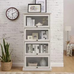 4-Tier White Glass Display Cabinet: Ideal For Living Room With Flip-up Glass Doors