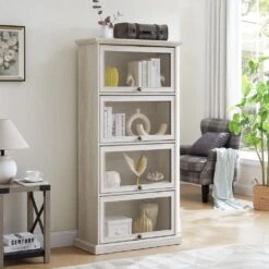 4-Tier White Glass Display Cabinet: Ideal For Living Room With Flip-up Glass Doors 11 4-Tier White Glass Display Cabinet: Ideal For Living Room With Flip-up Glass Doors -FURITURE SALE SHOP antique white tahanbath pantry organizers z w2275p206602 fa 1000