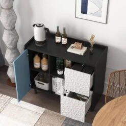 Modern Black Storage Sideboard: 2 Drawers, 2 Open Compartments, Ideal For Kitchen Coffee Stations