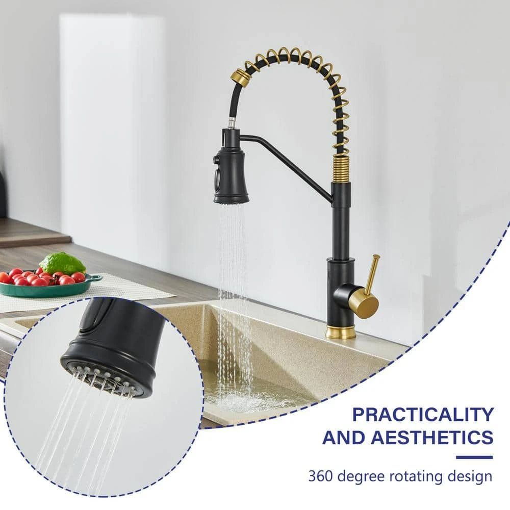 18.7 In Single Handle Pull Out Sprayer 360 Degree Spout Swivel Kitchen Faucet In Matte Black And Gold 4 18.7 In Single Handle Pull Out Sprayer 360 Degree Spout Swivel Kitchen Faucet In Matte Black And Gold - Image 4