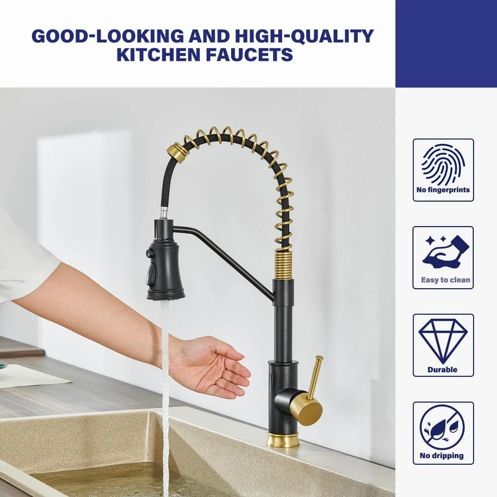 18.7 In Single Handle Pull Out Sprayer 360 Degree Spout Swivel Kitchen Faucet In Matte Black And Gold 9 18.7 In Single Handle Pull Out Sprayer 360 Degree Spout Swivel Kitchen Faucet In Matte Black And Gold - Image 9