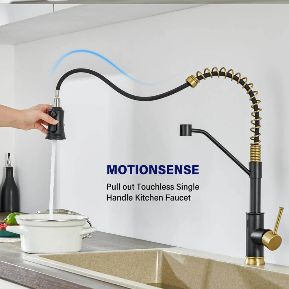 18.7 In Single Handle Pull Out Sprayer 360 Degree Spout Swivel Kitchen Faucet In Matte Black And Gold 3 18.7 In Single Handle Pull Out Sprayer 360 Degree Spout Swivel Kitchen Faucet In Matte Black And Gold - Image 3