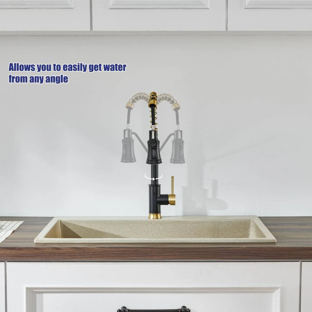 18.7 In Single Handle Pull Out Sprayer 360 Degree Spout Swivel Kitchen Faucet In Matte Black And Gold 7 18.7 In Single Handle Pull Out Sprayer 360 Degree Spout Swivel Kitchen Faucet In Matte Black And Gold - Image 7