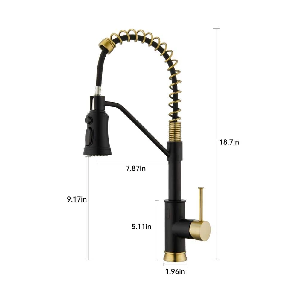 18.7 In Single Handle Pull Out Sprayer 360 Degree Spout Swivel Kitchen Faucet In Matte Black And Gold 2 18.7 In Single Handle Pull Out Sprayer 360 Degree Spout Swivel Kitchen Faucet In Matte Black And Gold - Image 2
