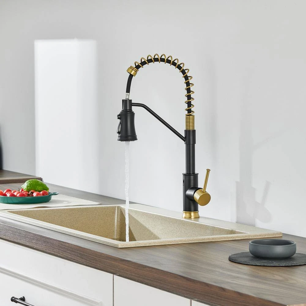 18.7 In Single Handle Pull Out Sprayer 360 Degree Spout Swivel Kitchen Faucet In Matte Black And Gold 8 18.7 In Single Handle Pull Out Sprayer 360 Degree Spout Swivel Kitchen Faucet In Matte Black And Gold - Image 8