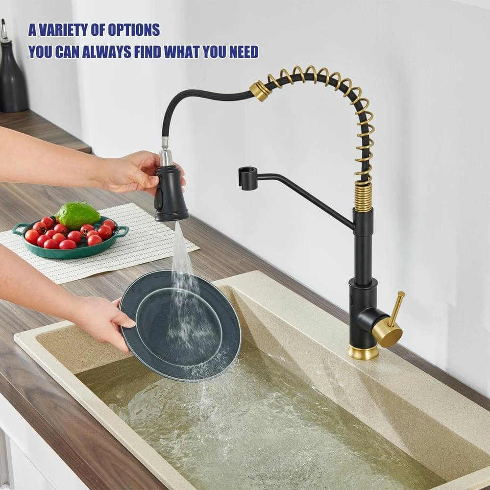 18.7 In Single Handle Pull Out Sprayer 360 Degree Spout Swivel Kitchen Faucet In Matte Black And Gold 6 18.7 In Single Handle Pull Out Sprayer 360 Degree Spout Swivel Kitchen Faucet In Matte Black And Gold - Image 6