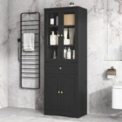 14.50 In. W X 23.30 In. D X 66.90 In. H Bathroom Storage Wall Cabinet In Black -FURITURE SALE SHOP black tahanbath bathroom wall cabinets z n725p186649b 1f 1000
