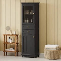 14.21 In. W X 17.76 In. D X 62.99 In. H Bathroom Storage Wall Cabinet In Black -FURITURE SALE SHOP black tahanbath bathroom wall cabinets z n729p171305b 4f 1000