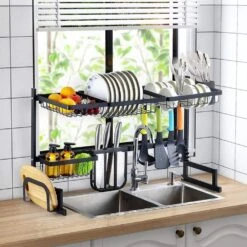 2-Tier Kitchen Dish Drying Rack: 33.7in Stainless Steel, Over-the-Sink Plus Utensil Organizer -FURITURE SALE SHOP black tahanbath dish racks ct cl 77rlp6 31 1000