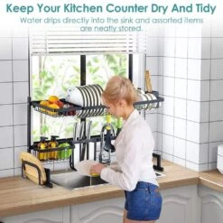 2-Tier Kitchen Dish Drying Rack: 33.7in Stainless Steel, Over-the-Sink Plus Utensil Organizer -FURITURE SALE SHOP black tahanbath dish racks ct cl 77rlp6 66 1000