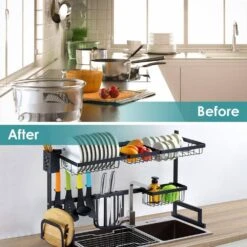 2-Tier Kitchen Dish Drying Rack: 33.7in Stainless Steel, Over-the-Sink Plus Utensil Organizer -FURITURE SALE SHOP black tahanbath dish racks ct cl 77rlp6 76 1000