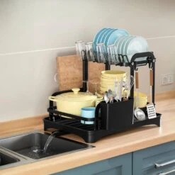 2-Tier Black Detachable Standing Dish Rack For Kitchen