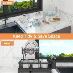 Black Carbon Steel Standing 2-Tier Dish Rack With Drainboard And Utensil Holder Cup Rack Swivel Spout For Kitchen -FURITURE SALE SHOP black tahanbath dish racks ct cl h5h9z8 1f 1000