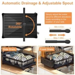 Black Carbon Steel Standing 2-Tier Dish Rack With Drainboard And Utensil Holder Cup Rack Swivel Spout For Kitchen -FURITURE SALE SHOP black tahanbath dish racks ct cl h5h9z8 4f 1000