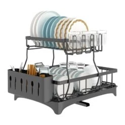 Black Carbon Steel Standing 2-Tier Dish Rack With Drainboard And Utensil Holder Cup Rack Swivel Spout For Kitchen -FURITURE SALE SHOP black tahanbath dish racks ct cl h5h9z8 76 1000