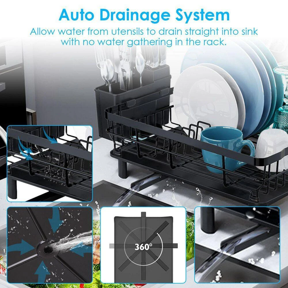 Black/Chrome Wire Standing Dish Rack With A Cutlery Holder And 4-Hook Glass Rack 5 Black/Chrome Wire Standing Dish Rack With A Cutlery Holder And 4-Hook Glass Rack - Image 5