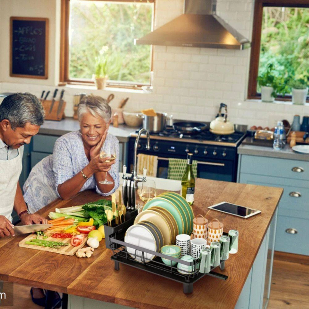 Black/Chrome Wire Standing Dish Rack With A Cutlery Holder And 4-Hook Glass Rack 2 Black/Chrome Wire Standing Dish Rack With A Cutlery Holder And 4-Hook Glass Rack - Image 2
