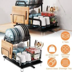 2-Tier Black Carbon Steel Detachable Dish Rack With Drainboard For Kitchen Counter -FURITURE SALE SHOP black tahanbath dish racks ct cl xtwkxy 1f 1000