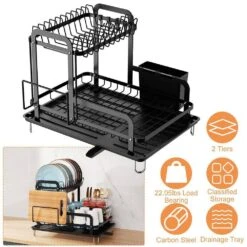 2-Tier Black Carbon Steel Detachable Dish Rack With Drainboard For Kitchen Counter -FURITURE SALE SHOP black tahanbath dish racks ct cl xtwkxy 4f 1000