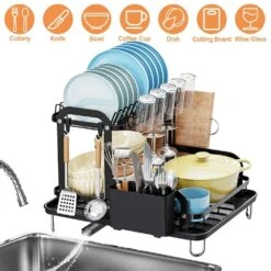 2-Tier Black Carbon Steel Detachable Dish Rack With Drainboard For Kitchen Counter -FURITURE SALE SHOP black tahanbath dish racks ct cl xtwkxy 76 1000