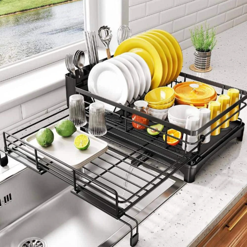 3-Tier Over Sink Dish Rack-33.5" Space-Saving Storage With Cover, Baskets & Utensil Holder (Black) 2 3-Tier Over Sink Dish Rack-33.5" Space-Saving Storage With Cover, Baskets & Utensil Holder (Black) - Image 2