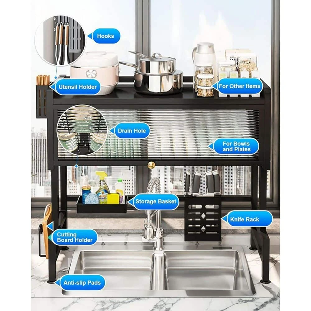 3-Tier Over Sink Dish Rack-33.5" Space-Saving Storage With Cover, Baskets & Utensil Holder (Black) 5 3-Tier Over Sink Dish Rack-33.5" Space-Saving Storage With Cover, Baskets & Utensil Holder (Black) - Image 5