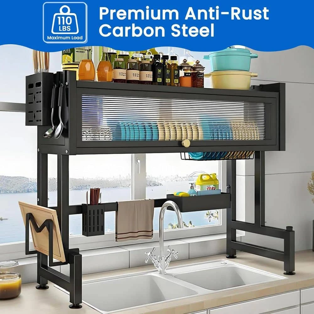 3-Tier Over Sink Dish Rack-33.5" Space-Saving Storage With Cover, Baskets & Utensil Holder (Black) 7 3-Tier Over Sink Dish Rack-33.5" Space-Saving Storage With Cover, Baskets & Utensil Holder (Black) - Image 7