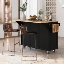 Black Kitchen Cart With Rubber Wood Drop-Leaf Countertop, 3 Drawers, Cabinet Storage And 5 Wheels -FURITURE SALE SHOP black tahanbath kitchen carts z wf298028aab 31 1000