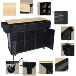 Black Kitchen Cart With Rubber Wood Drop-Leaf Countertop, 3 Drawers, Cabinet Storage And 5 Wheels -FURITURE SALE SHOP black tahanbath kitchen carts z wf298028aab 4f 1000