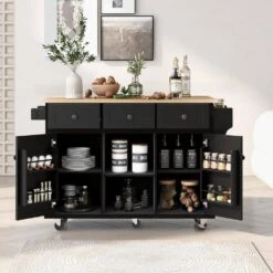 Black Kitchen Cart With Rubber Wood Drop-Leaf Countertop, 3 Drawers, Cabinet Storage And 5 Wheels -FURITURE SALE SHOP black tahanbath kitchen carts z wf298028aab 77 1000