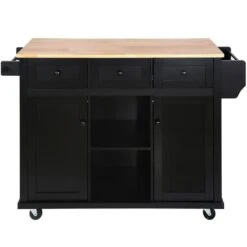Black Kitchen Cart With Rubber Wood Drop-Leaf Countertop, 3 Drawers, Cabinet Storage And 5 Wheels -FURITURE SALE SHOP black tahanbath kitchen carts z wf298028aab d4 1000
