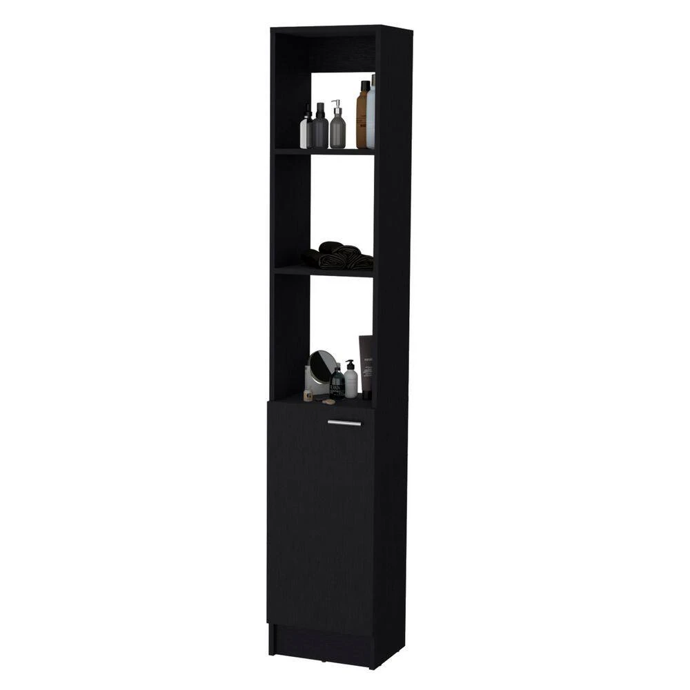13.03 In. W X 10.43 In. D X 70.87 In. H Black Wood Freestanding Linen Cabinet W/3-Open Shelves And Door In Black 6 13.03 In. W X 10.43 In. D X 70.87 In. H Black Wood Freestanding Linen Cabinet W/3-Open Shelves And Door In Black - Image 6