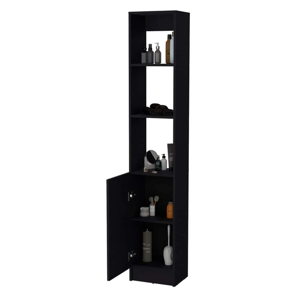 13.03 In. W X 10.43 In. D X 70.87 In. H Black Wood Freestanding Linen Cabinet W/3-Open Shelves And Door In Black 7 13.03 In. W X 10.43 In. D X 70.87 In. H Black Wood Freestanding Linen Cabinet W/3-Open Shelves And Door In Black - Image 7