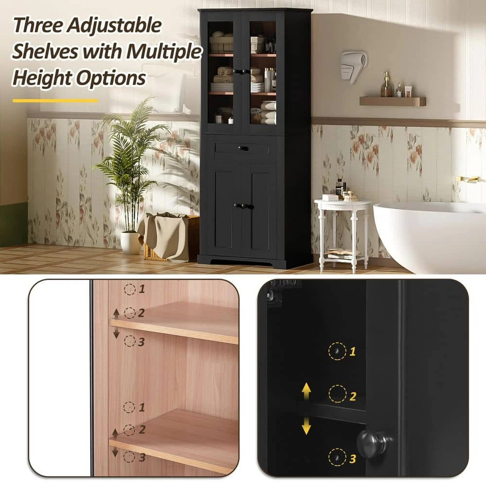 67.2 In. Modern Bathroom Linen Tower: Tempered Glass Doors, Adjustable Shelves In Black 2 67.2 In. Modern Bathroom Linen Tower: Tempered Glass Doors, Adjustable Shelves In Black - Image 2