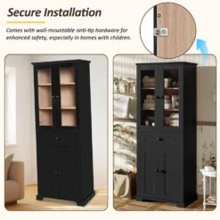 67.2 In. Modern Bathroom Linen Tower: Tempered Glass Doors, Adjustable Shelves In Black 12 67.2 In. Modern Bathroom Linen Tower: Tempered Glass Doors, Adjustable Shelves In Black -FURITURE SALE SHOP black tahanbath pantry organizers z 61189 00ccgry fa 1000