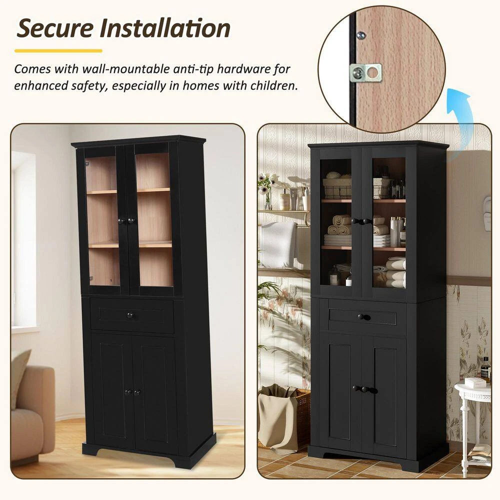 67.2 In. Modern Bathroom Linen Tower: Tempered Glass Doors, Adjustable Shelves In Black 6 67.2 In. Modern Bathroom Linen Tower: Tempered Glass Doors, Adjustable Shelves In Black - Image 6