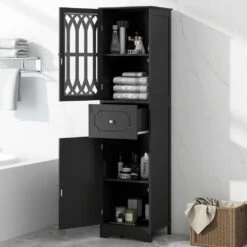 Tall Freestanding Bathroom Cabinet With Drawer, Doors And Acrylic Panel In Black -FURITURE SALE SHOP black tahanbath pantry organizers z b082p232945 31 1000