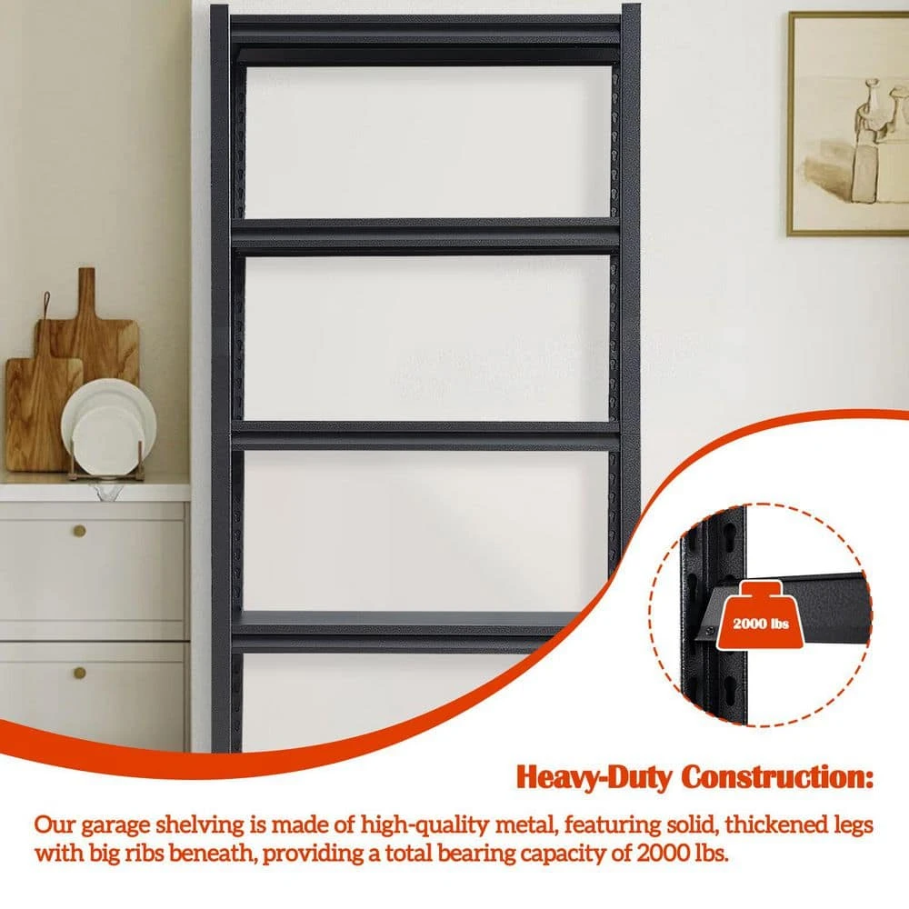 5-Tier Heavy-Duty Metal Storage Shelves: 2000 Lbs. Capacity, Adjustable For Garage And More In Sleek Black 3 5-Tier Heavy-Duty Metal Storage Shelves: 2000 Lbs. Capacity, Adjustable For Garage And More In Sleek Black - Image 3