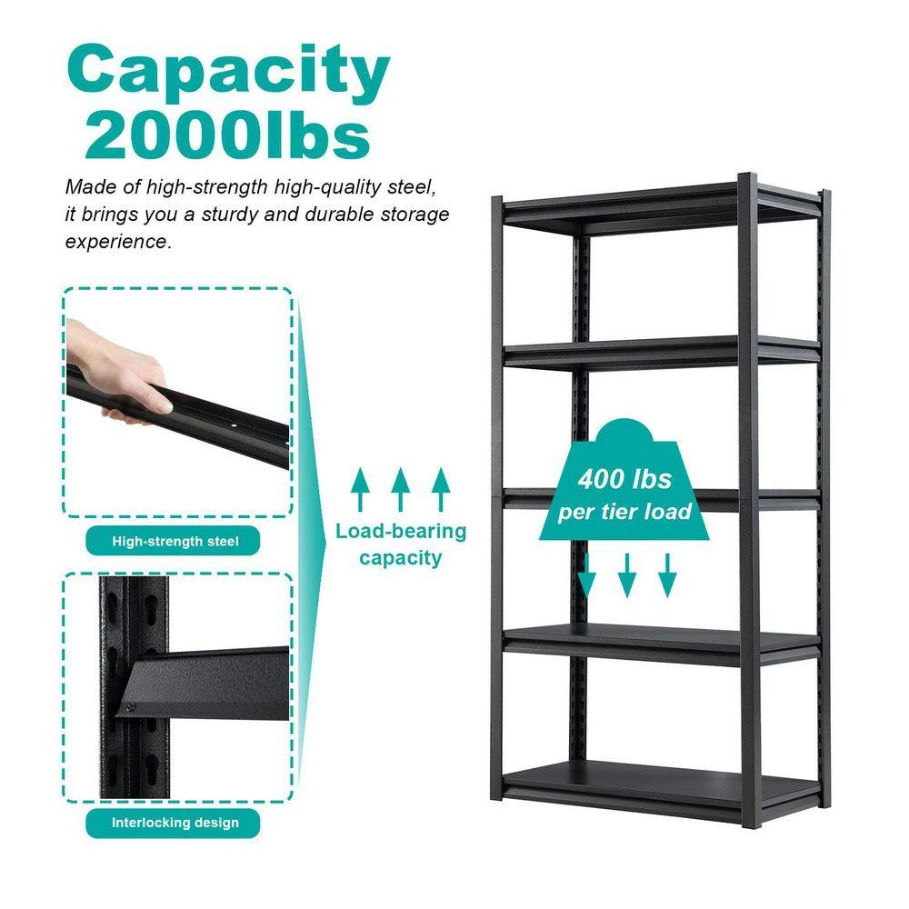 5-Tier Adjustable Metal Shelves For Garage Storage-2000 Lbs. Utility Rack In Black 8 5-Tier Adjustable Metal Shelves For Garage Storage-2000 Lbs. Utility Rack In Black - Image 8