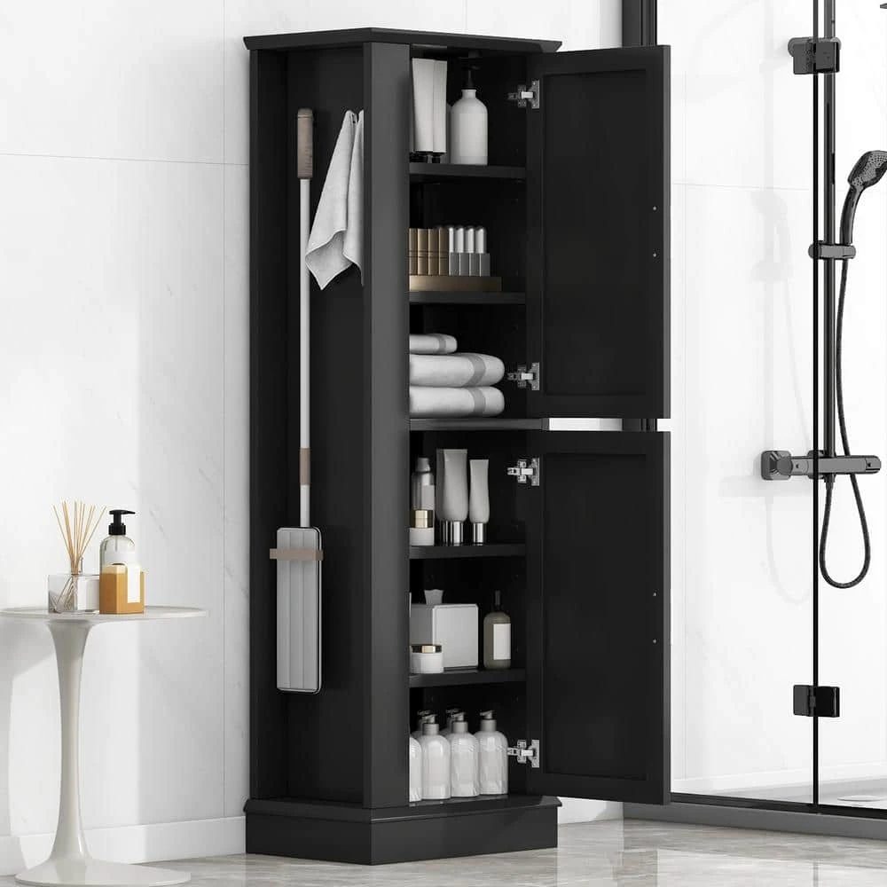 Tall Bathroom Storage Cabinet, Freestanding Storage Cabinet With Hook And Adjustable Shelf, MDF Board, Black 4 Tall Bathroom Storage Cabinet, Freestanding Storage Cabinet With Hook And Adjustable Shelf, MDF Board, Black - Image 4