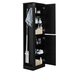 Tall Bathroom Storage Cabinet, Freestanding Storage Cabinet With Hook And Adjustable Shelf, MDF Board, Black 12 Tall Bathroom Storage Cabinet, Freestanding Storage Cabinet With Hook And Adjustable Shelf, MDF Board, Black -FURITURE SALE SHOP black tahanbath pantry organizers z n725p241834b 44 1000