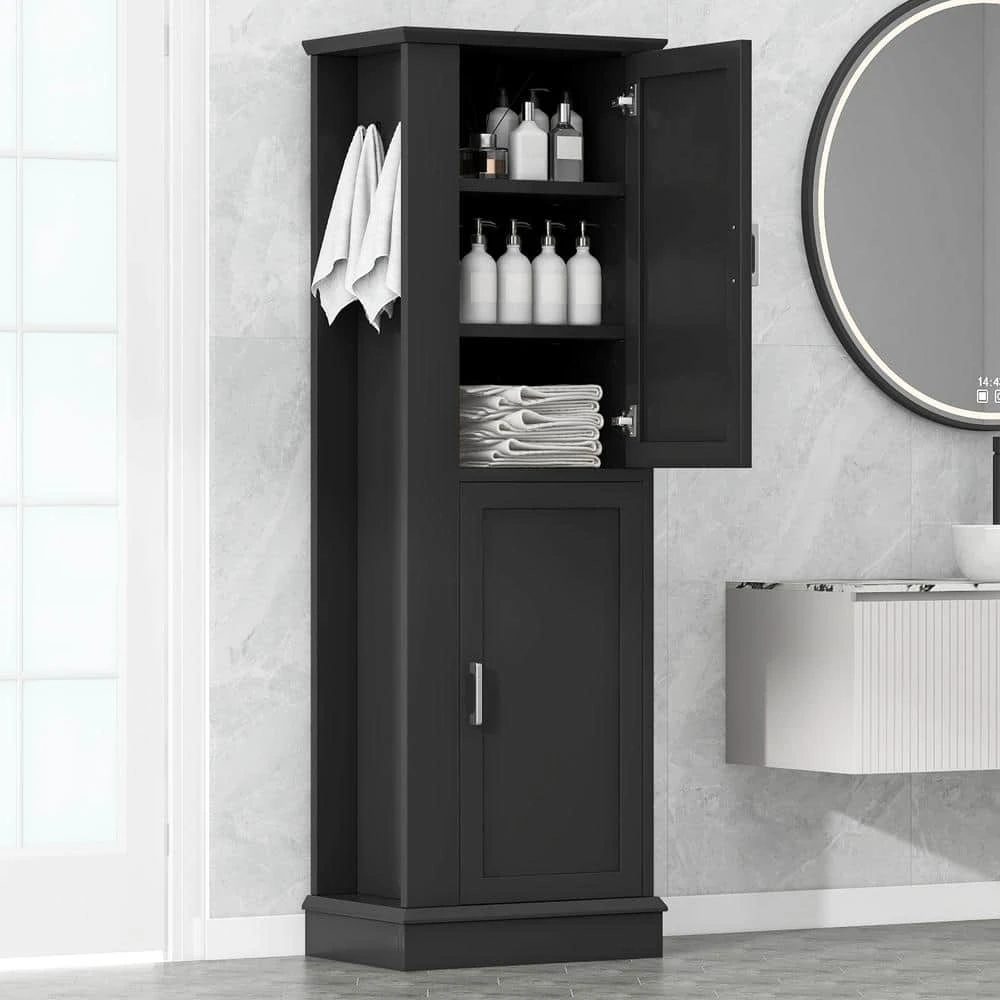 Tall Bathroom Storage Cabinet, Freestanding Storage Cabinet With Hook And Adjustable Shelf, MDF Board, Black 3 Tall Bathroom Storage Cabinet, Freestanding Storage Cabinet With Hook And Adjustable Shelf, MDF Board, Black - Image 3