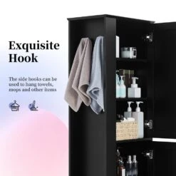 Tall Bathroom Storage Cabinet, Freestanding Storage Cabinet With Hook And Adjustable Shelf, MDF Board, Black 14 Tall Bathroom Storage Cabinet, Freestanding Storage Cabinet With Hook And Adjustable Shelf, MDF Board, Black -FURITURE SALE SHOP black tahanbath pantry organizers z n725p241834b 76 1000