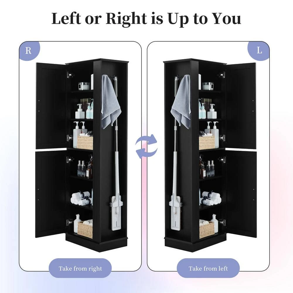 Tall Bathroom Storage Cabinet, Freestanding Storage Cabinet With Hook And Adjustable Shelf, MDF Board, Black 2 Tall Bathroom Storage Cabinet, Freestanding Storage Cabinet With Hook And Adjustable Shelf, MDF Board, Black - Image 2