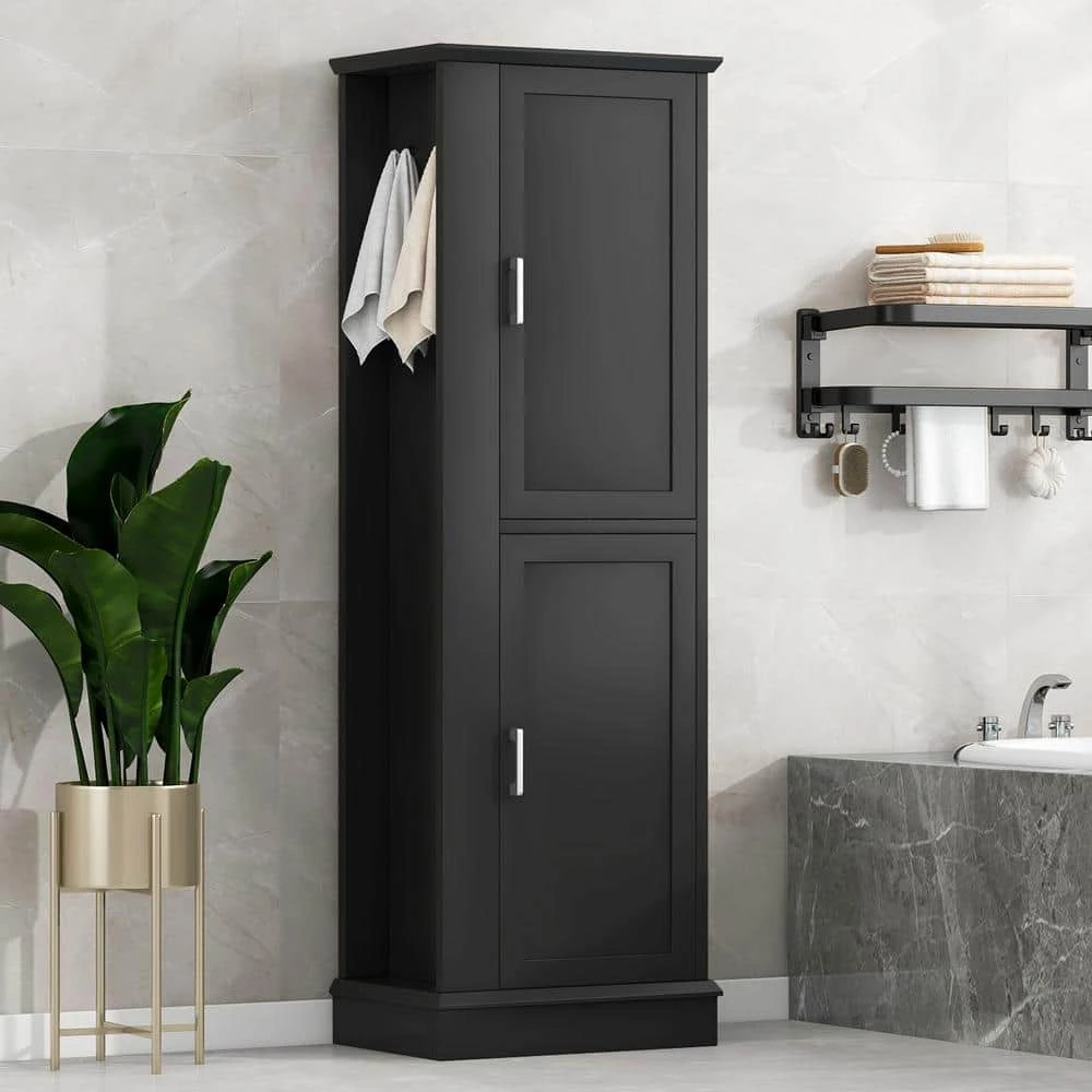 Tall Bathroom Storage Cabinet, Freestanding Storage Cabinet With Hook And Adjustable Shelf, MDF Board, Black 6 Tall Bathroom Storage Cabinet, Freestanding Storage Cabinet With Hook And Adjustable Shelf, MDF Board, Black - Image 6