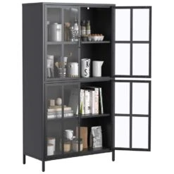 Black Metal Storage Cabinet, Glass Doors, Adjustable Shelves, Anti-Tip, Silent Close, Adjustable Feet -FURITURE SALE SHOP black tahanbath pantry organizers z t2398p263577 1f 1000
